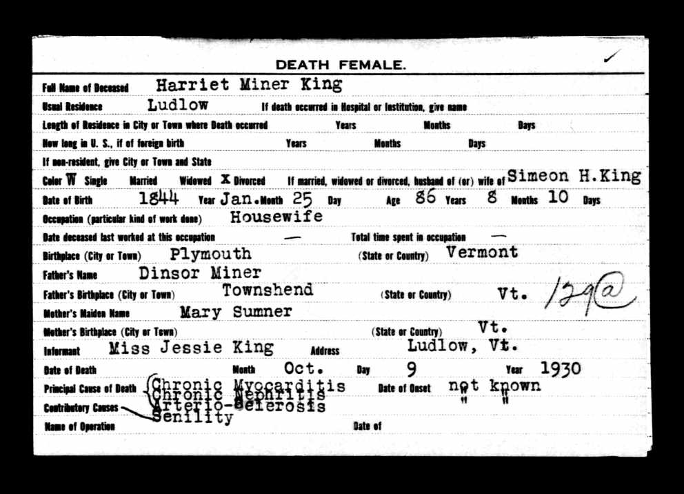 Harriet Miner King Vermont death certificate