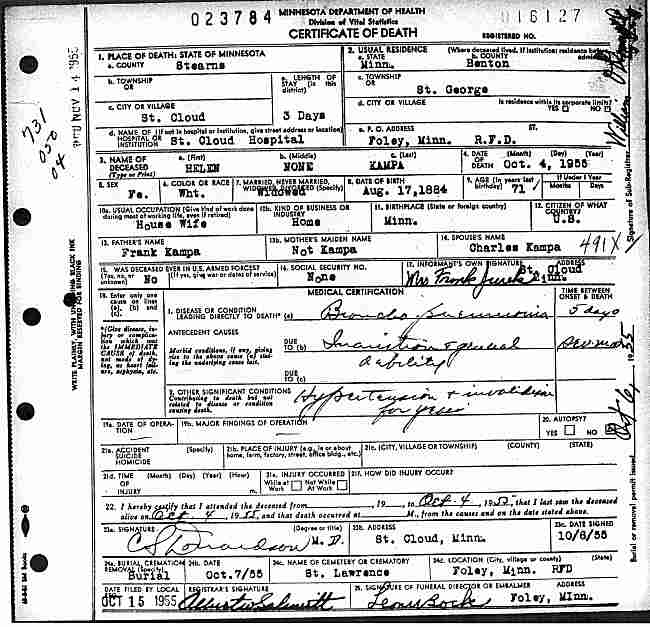 Certificate of Death for Helen Kampa.
