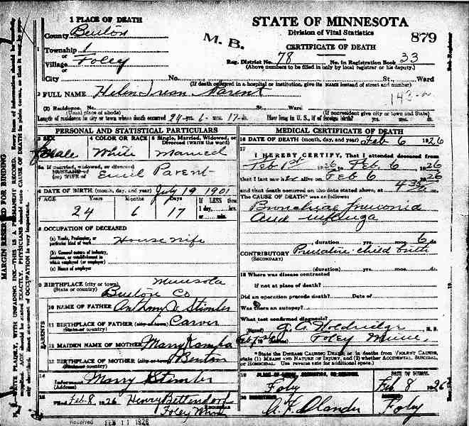 Certificate of Death for Helen Irene Parent (n&eacute;e Stimler).