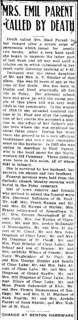 Foley Obituary of Mrs. Emil Parent.
