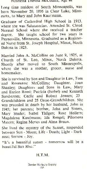 Henrietta Theresa McCollins (née Kaufmann) Obituary