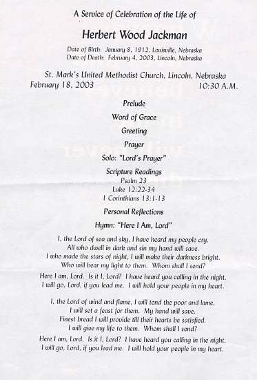 Interior page of Herbert Wood Jackman Funeral Program.