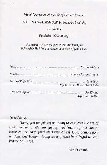 Interior page of Herbert Wood Jackman Funeral Program.