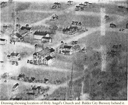 Drawing of St. Cloud showing location of Holy Angels Church with Balder City Brewery behind it.