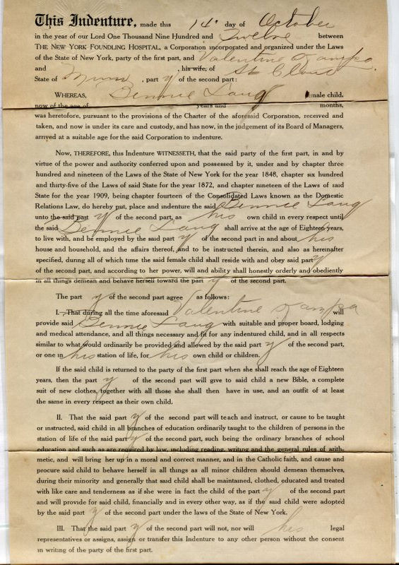 First page of indenture agreement for Bennie Lang