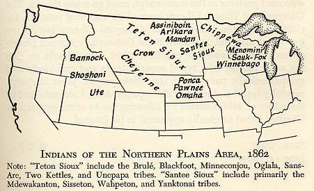 Indians of the Northern Plains Area, 1862 from 'The Civil War in the Northwest:  Nebraska, Wisconsin, Iowa, Minnesota, and the Dakotas,' by Robert Huhn Jones (1960).