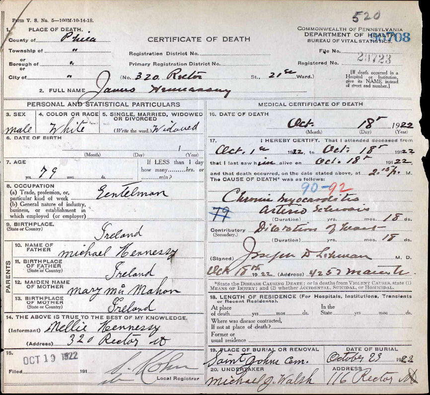 Death Certificate of James Hennessy