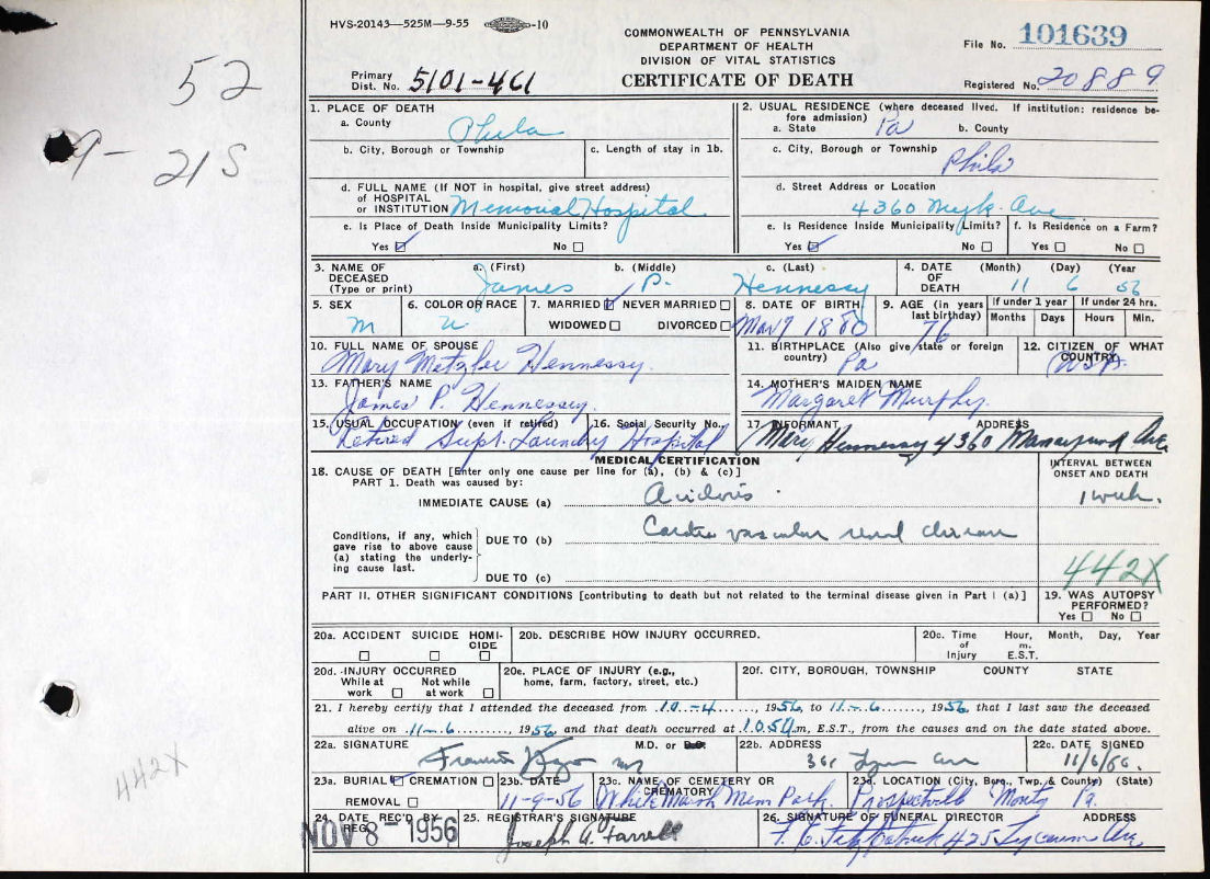 Death Certificate of James Hennessy