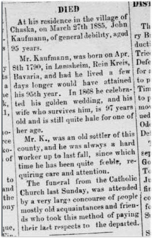 Obituary of John Kaufmann, Weekly Valley Herald, Apr. 2, 1885