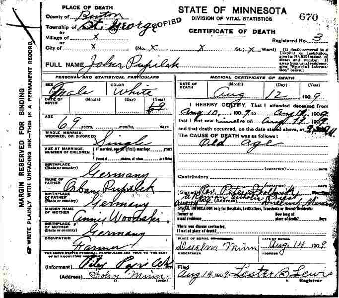 Certificate of Death for Johann 'John' Popilek.