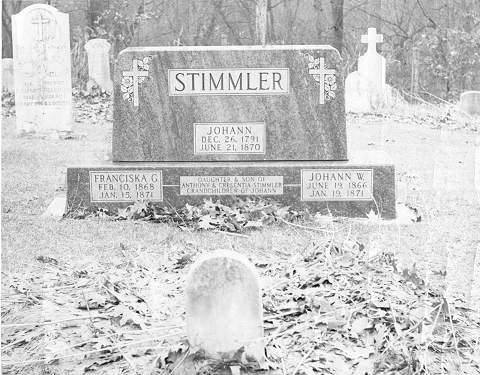 Grave of Johann Stimmler, Johann W. and Franciska G. Stimmler, including footstone
