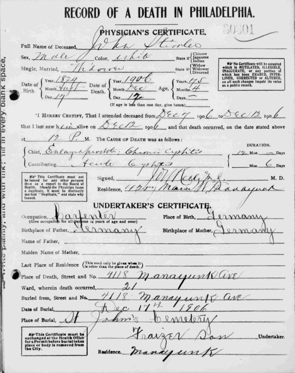 Death Certificate of John Stimmler (1829-1906)