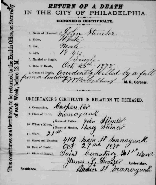 Death Certificate of John Stimmler (1859-1878)