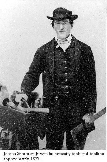 Johann Stimmler, Jr. with his carpentry tools and toolbox, approximately 1877.