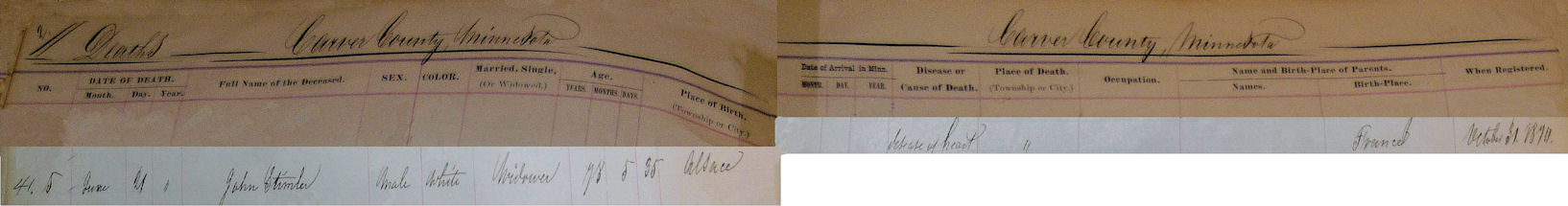 Carver County Death Register entry for John Stimler