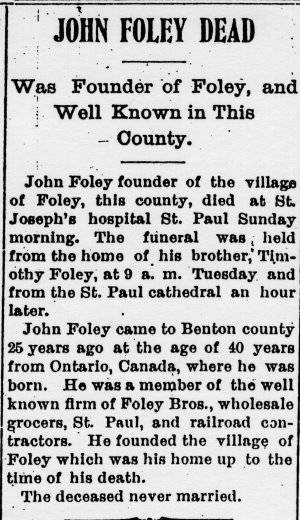 Obituary of John Foley, Sauk Rapids Sentinel Free Press, Thursday, August 15, 1907.