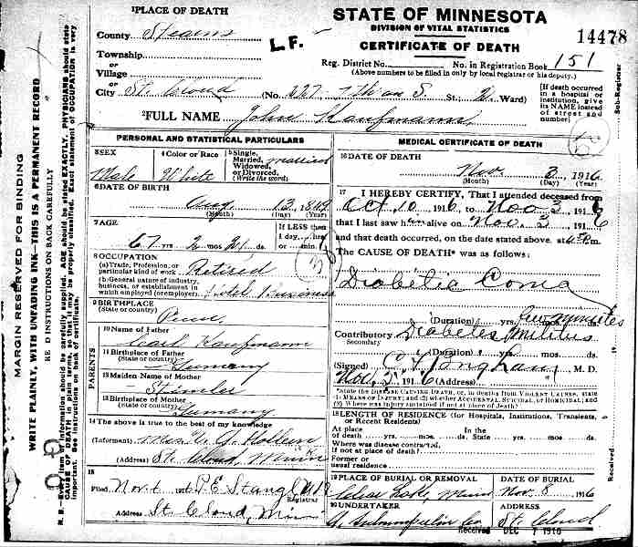 Certificate of Death for John Kaufmann.