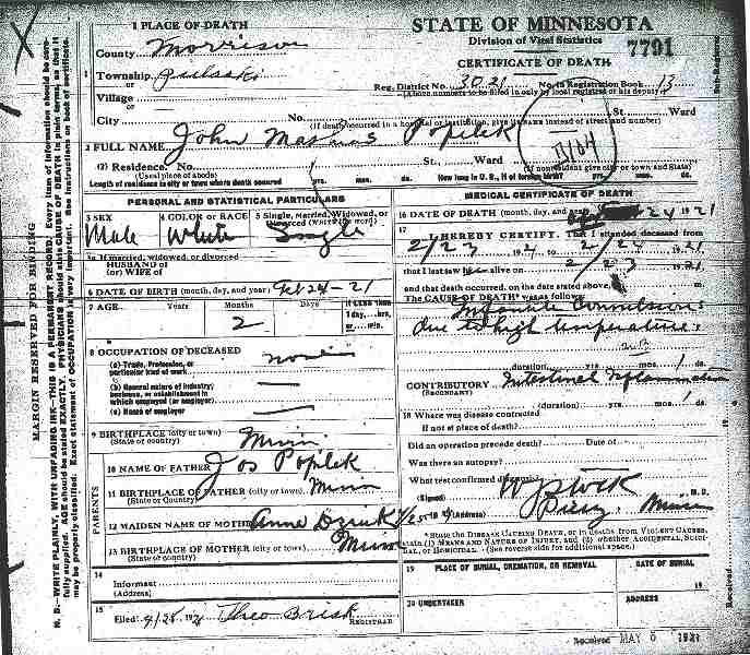 Certificate of Death of John Mashias Popilek.