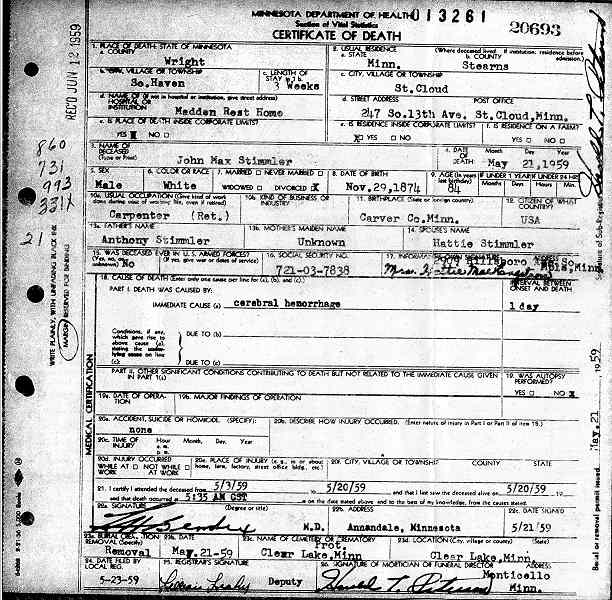 Certificate of Death for John Max Stimmler.