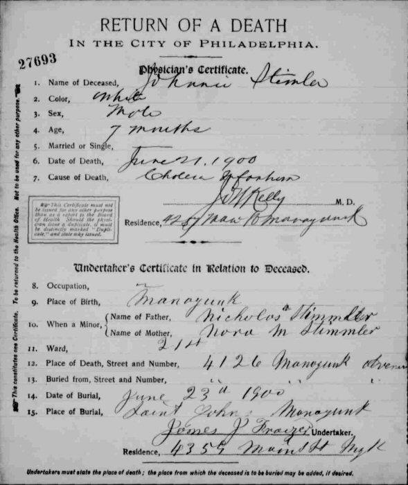 Death Certificate of Johnnie Stimmler (1899-1900)