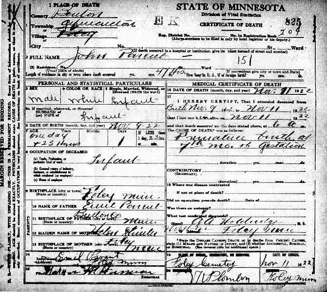 Certificate of Death for John Parent.