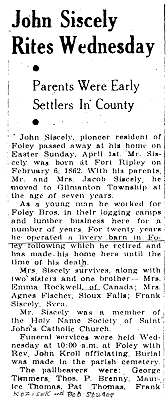 Obituary of John Siscely, Benton County News, April 5, 1945.
