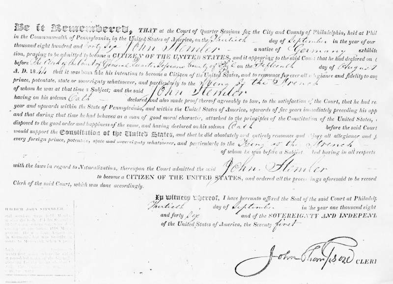 John Stemmler's Intention of Naturalization, dated September 13, 1846