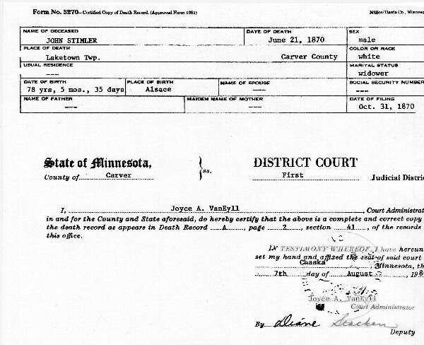 Death Certificate of John Stimmler (1791-1870)