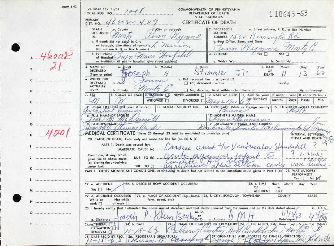 Joseph A. Stimmler, Jr. Death Certificate