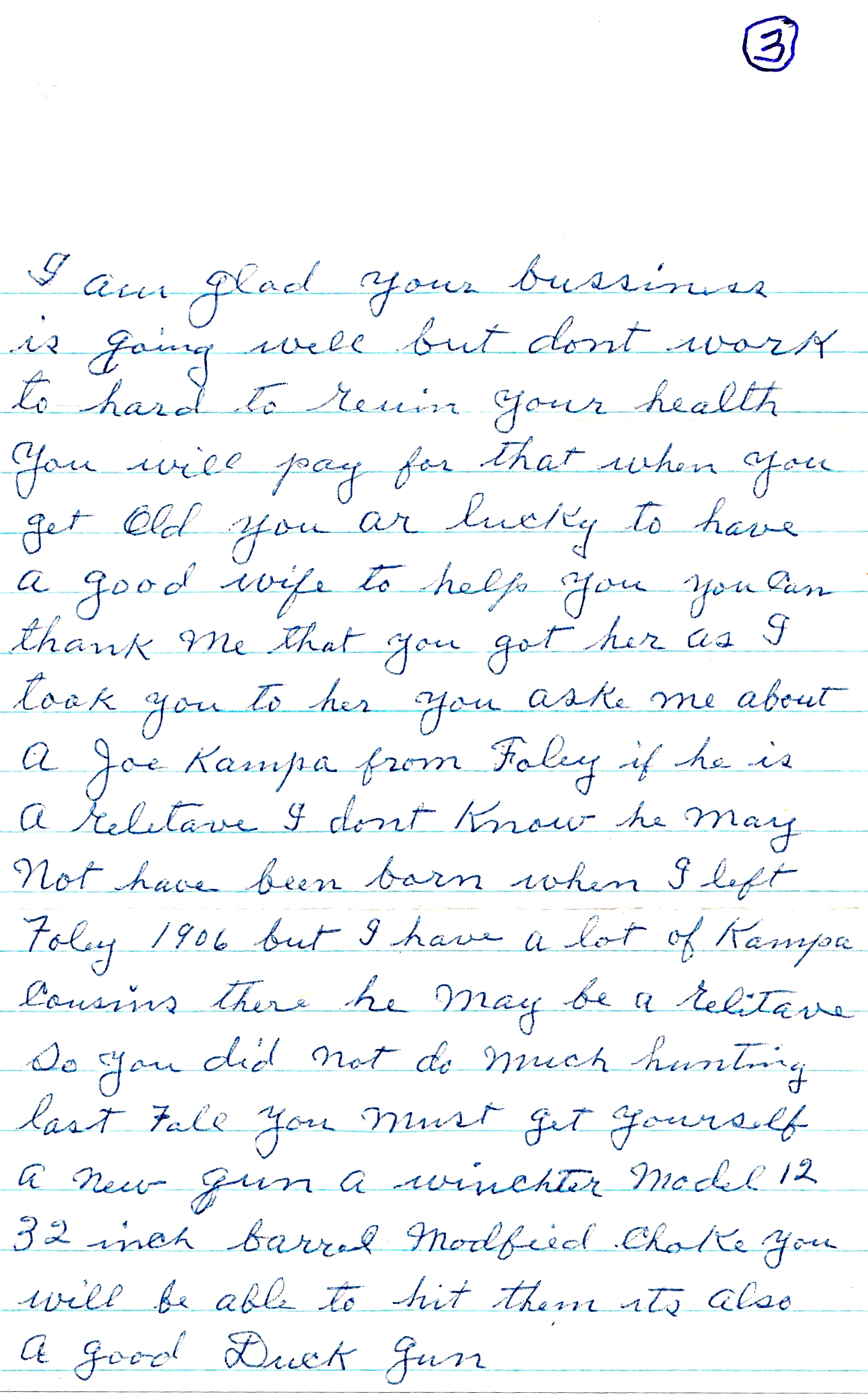 Page 3 of letter from Joseph Kampa to Don Kampa and family, dated Feb. 9, 1953