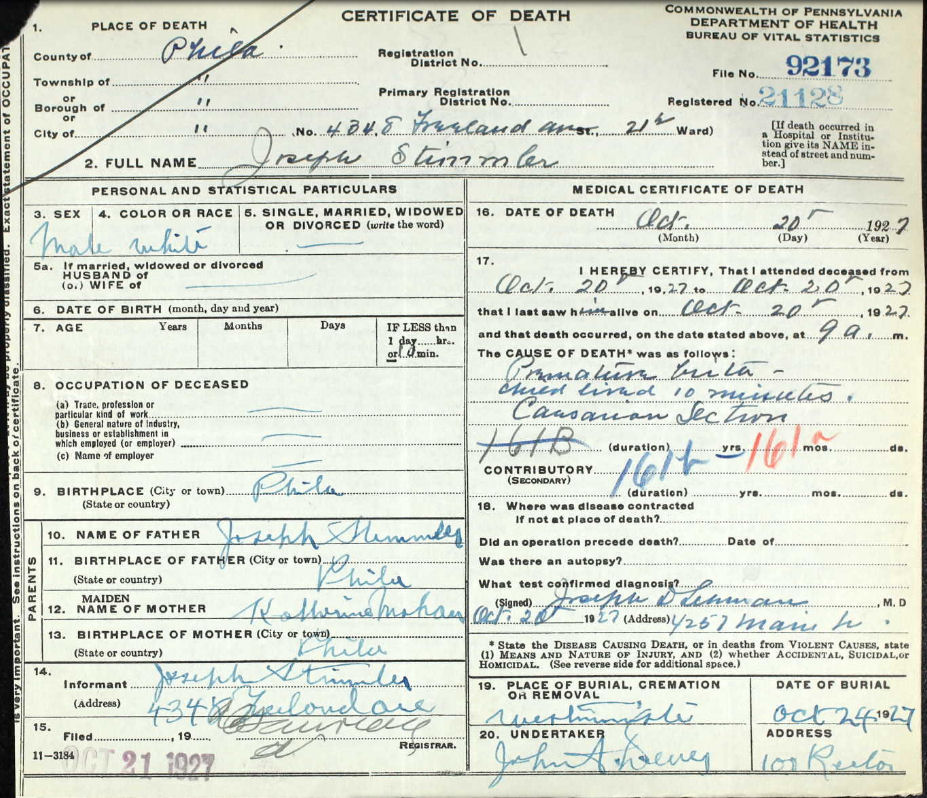 Joseph Stimmler Death Certificate