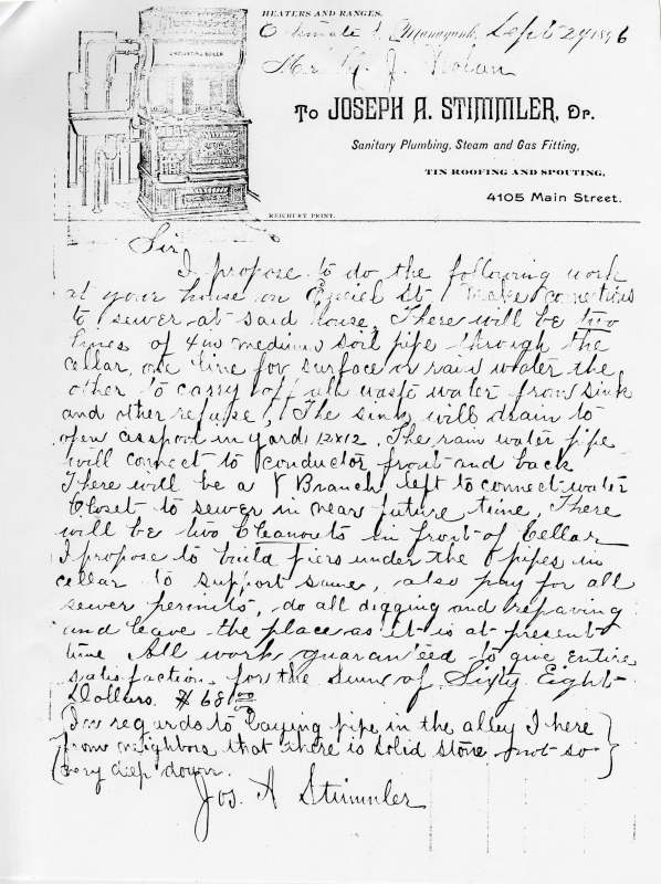 Joseph A. Stimmler handwritten estimate of work to be done on sewer pipes at house on Ezeliel St.