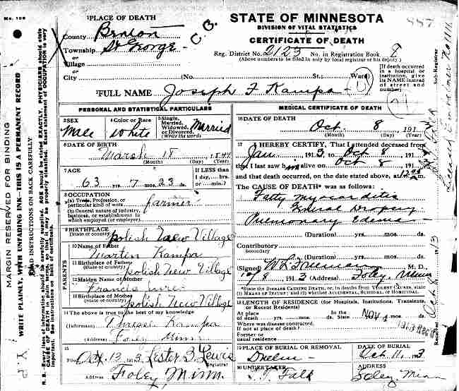 Certificate of Death for Joseph F. Kampa.