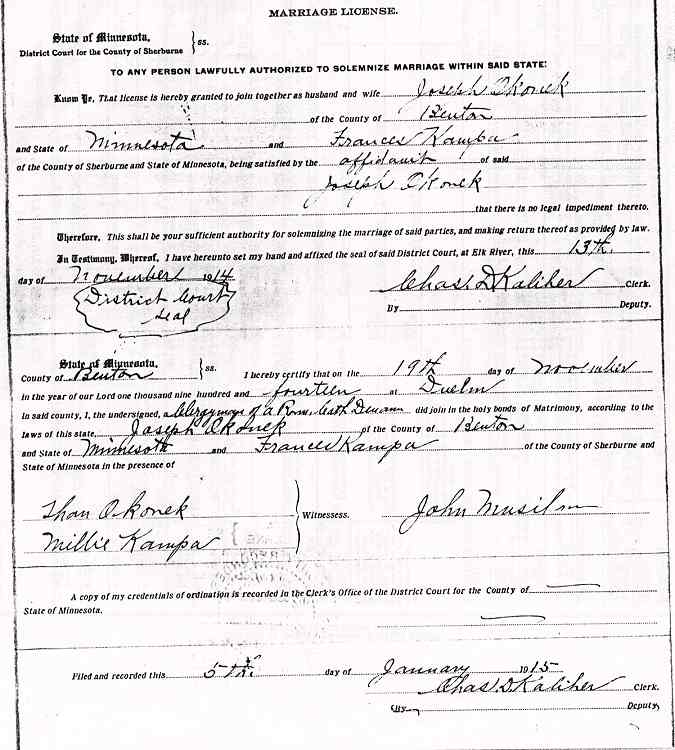 Marriage Certificate for Joseph and Frances Okonek (n&eacute;e Kampa).