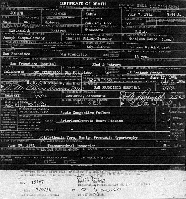 Certificate of Death for Joseph L. Kampa.