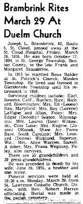 Obituary of Joseph Brambrink, Benton County News, March 31, 1976.