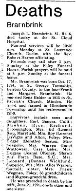 Obituary of Joseph Brambrink, St. Cloud Daily Times, March 26, 1976.