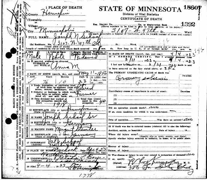 Certificate of Death for Joseph N. Schaaf.