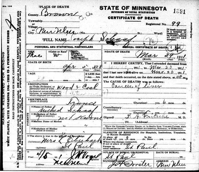 Certificate of Death for Joseph Schaaf.