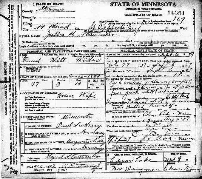 Certificate of Death for Julia M. Stimmler (n&eacute;e Sakry).