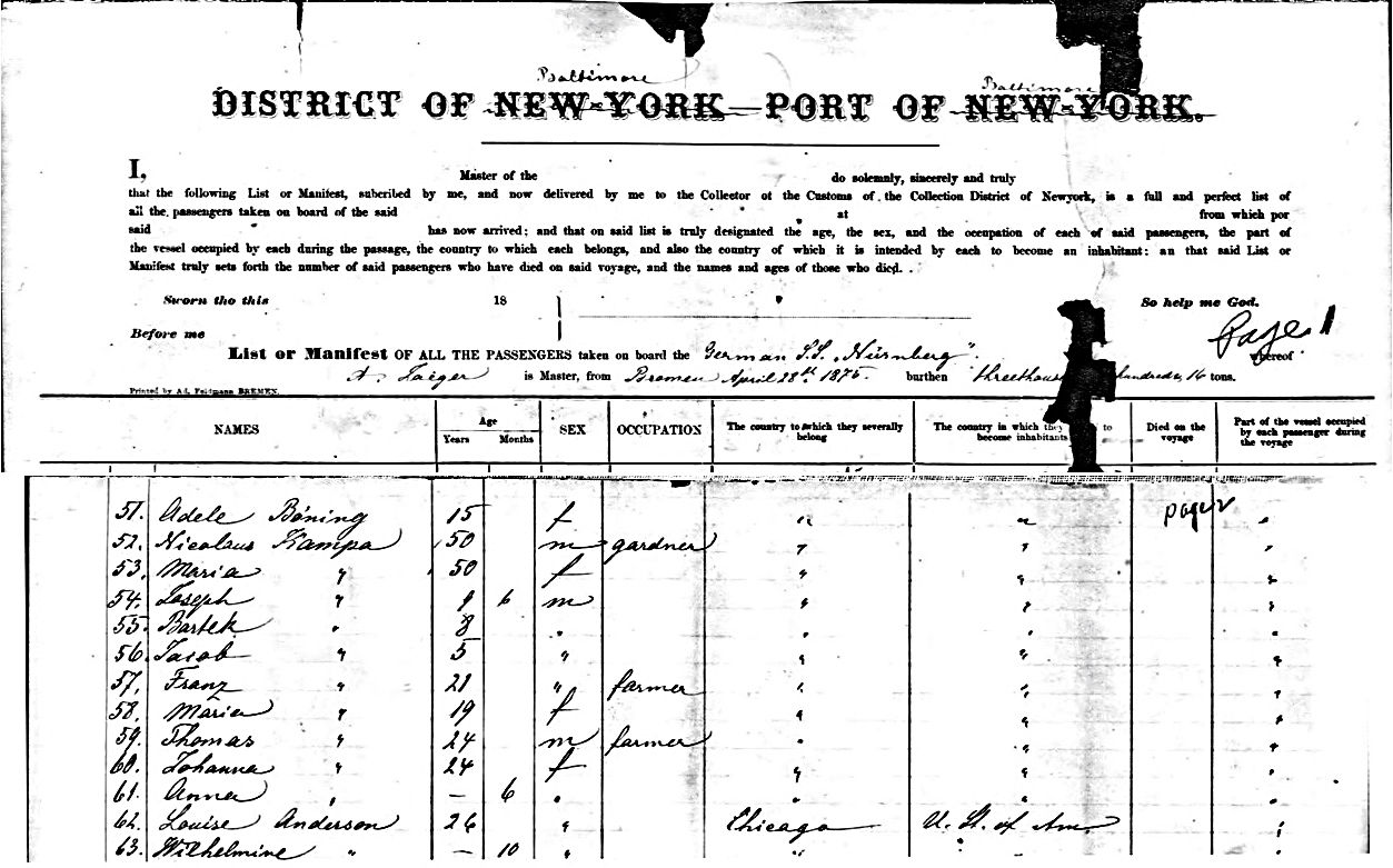SS Nurnberg ship manifest, May 16, 1875