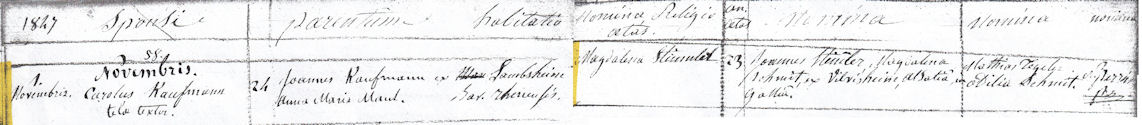 Marriage record of Karl Kaufmann and Magdalena Stimmler, Holy Trinity Catholic Church, Manayunk, Pennsylvania, Nov. 1, 1847
