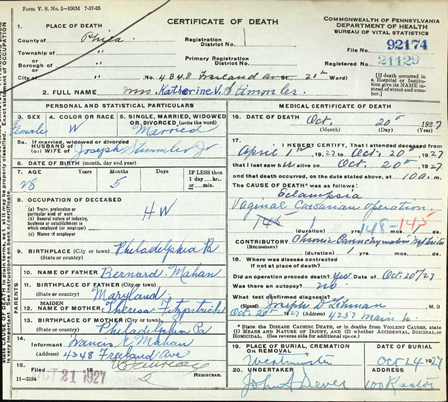 Mrs. Katherine V. Stimmler Certificate of Death