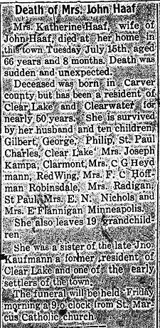 Obituary of Mrs. John Haaf.