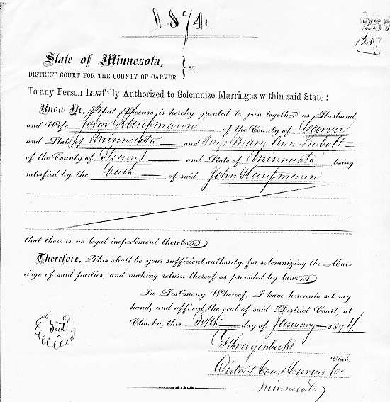 Marriage License of John Kaufmann and Mary Ann Imholte.