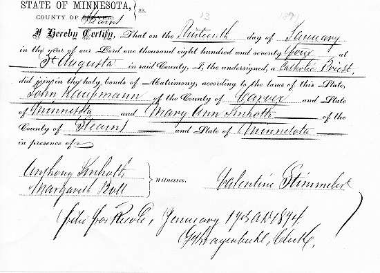 Marriage Certificate of John Kaufmann and Mary Ann Imholte.