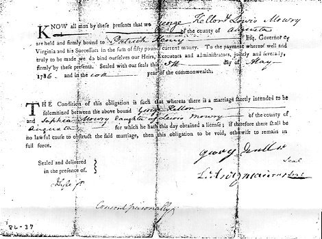 Wedding license of George and Sophia Keller (n&eacute;e Mowry), May 5, 1786.