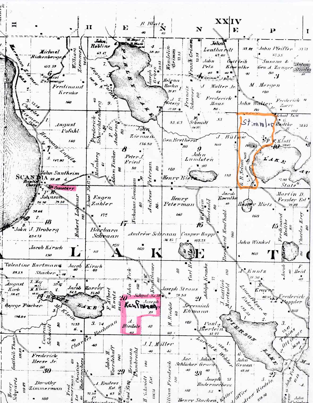 Detail of Full-Size Plat Map of Lake Town, MN showing location of Stimmler and Kaufmann properties.