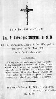 Father Valentine Stimmler's Church Death Notice (in Latin), January 16, 1908.