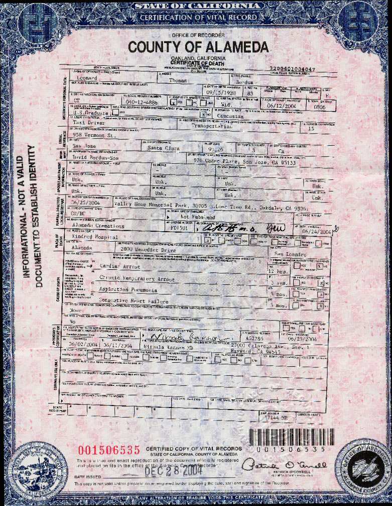 Death Certificate of Leonard Thomas Bordua